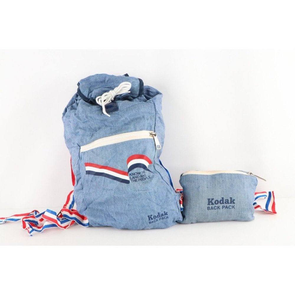 Vintage 70s Kodak Spell Out Chambray Denim Top Loader Packable Backpack Bag USA